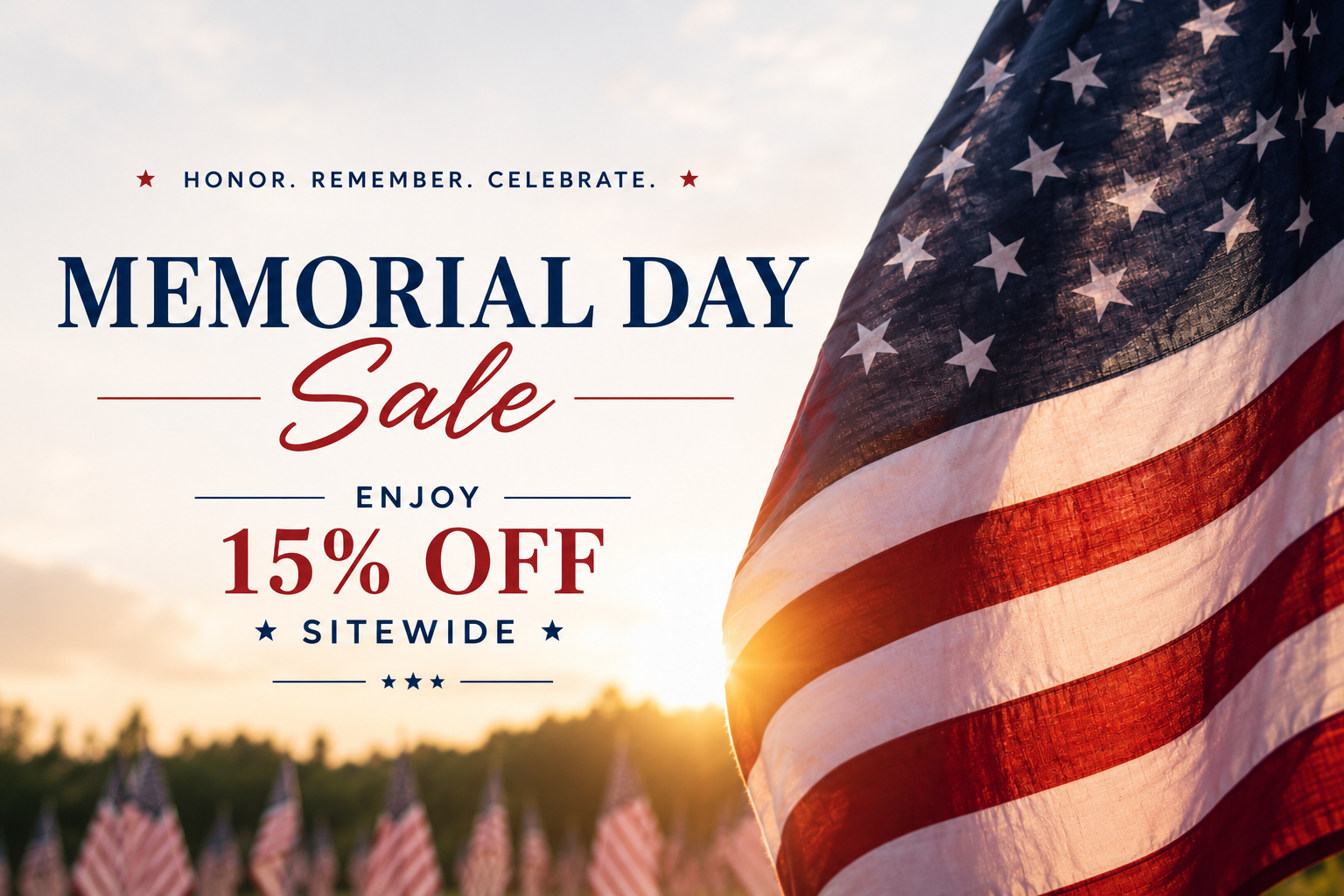 Memorial Day sale advertisement with American flag and sunset background